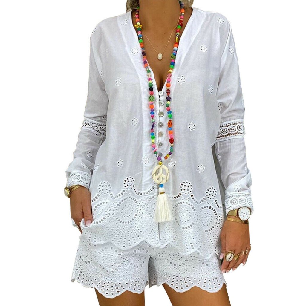 Eyelet Lace Short Suit Set Blouse Summer Top